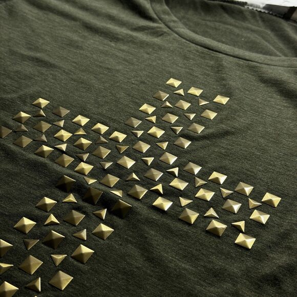 Woman's VTG Studded Cross T-Shirt Green Wet Seal Size XL Blend Fabric Jesus Tee - Picture 3 of 4